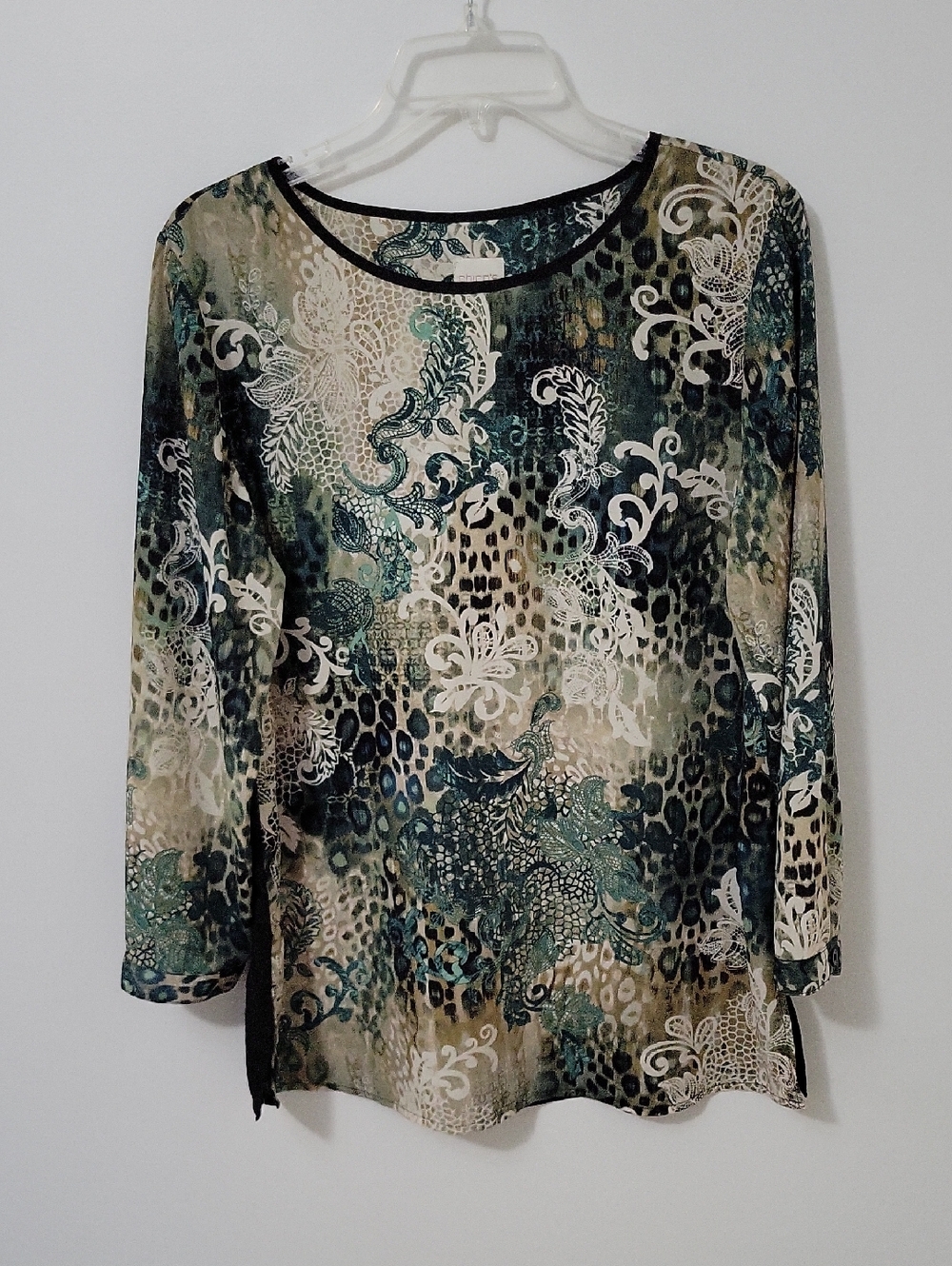 Chico's Green Multi Long Sleeve Printed Top , Size 1